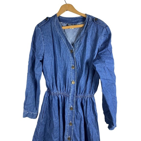 Vintage Denim Jean Shirt Dress 14 USA Made Button Down Midi Western Rockabilly - Picture 2 of 5